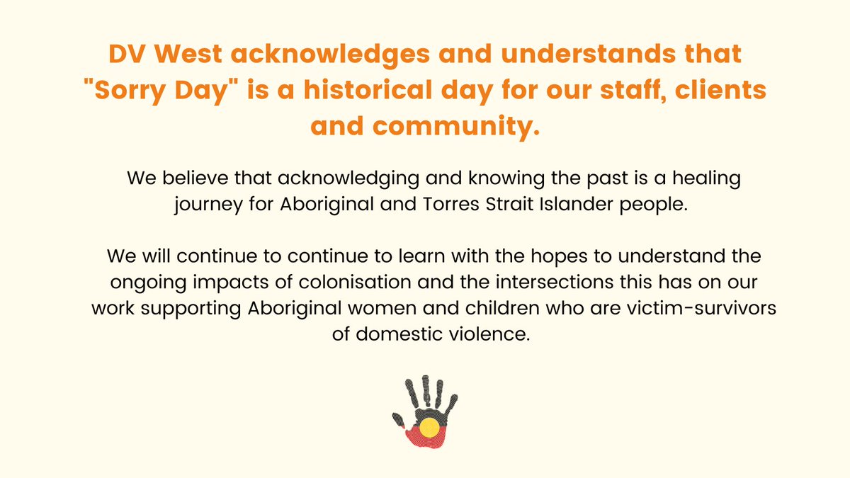 On this day 14 years ago, Kevin Rudd apologised to our First Nations People, the Stolen Generations. 

We acknowledge, recognise and honour this historic day for our Aboriginal staff, victim-survivors and our local community and Elders. 🖤💛❤️

#ApologyDay2022 #StolenGenerations