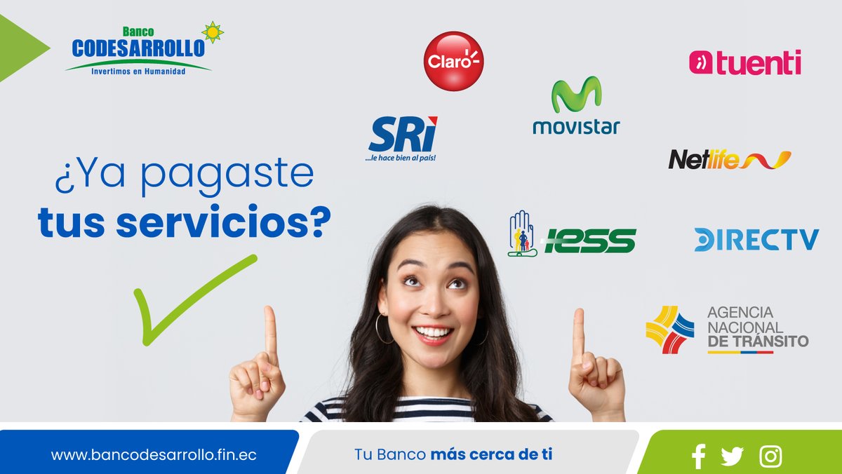 BanCodesarrollo's tweet image. 💁 Recuerda que puedes pagar TODOS tus servicios en #BancoCodesarrollo a través de:
🔹 Red de agencias: bit.ly/3w3OKqP
🔹 #CodeWeb 
🔹 #CodeMóvil
#BancoCodesarrollo #TuBancoMásCercaDeTi #InvertimosEnHumanidad