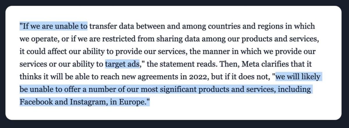 sebdodt's tweet photo. Meta statement:
~If #microtargeting is banned in Europe, they may stop offering Facebook and Instagram within the EU~
Is the EU right to think about a ban? 

Our (incredibly well-timed) event on Wednesday will discuss exactly this topic with @samgilb and @Johann_Laux https://t.co/aEKWithPJT