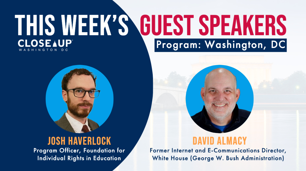 This week on program, #CloseUpDC students will meet with former White House official David Almacy to discuss the importance of communication in government + Josh Haverlock of the Foundation for Individual Rights in Education to learn the ins and outs of citizen action! #CivicEd