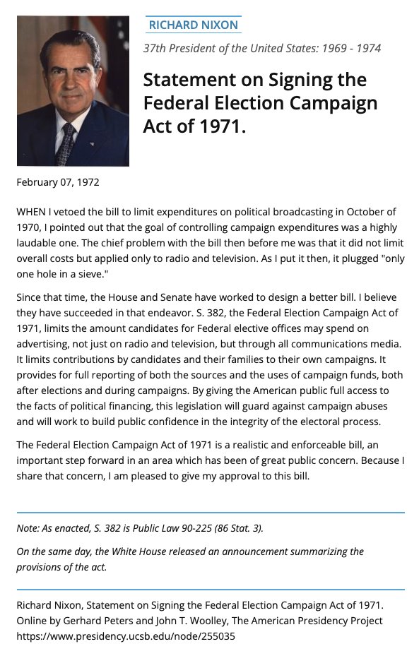 EllenLWeintraub's tweet photo. 🎂 Happy birthday, FECA!
50 years ago today – Feb. 7, 1972 – President Richard Nixon signed the Federal Election Campaign Act into law, back in an era when there was bipartisan agreement that regulating money in politics was necessary and important. It’s been a long half-century. https://t.co/rUYIVUn60n