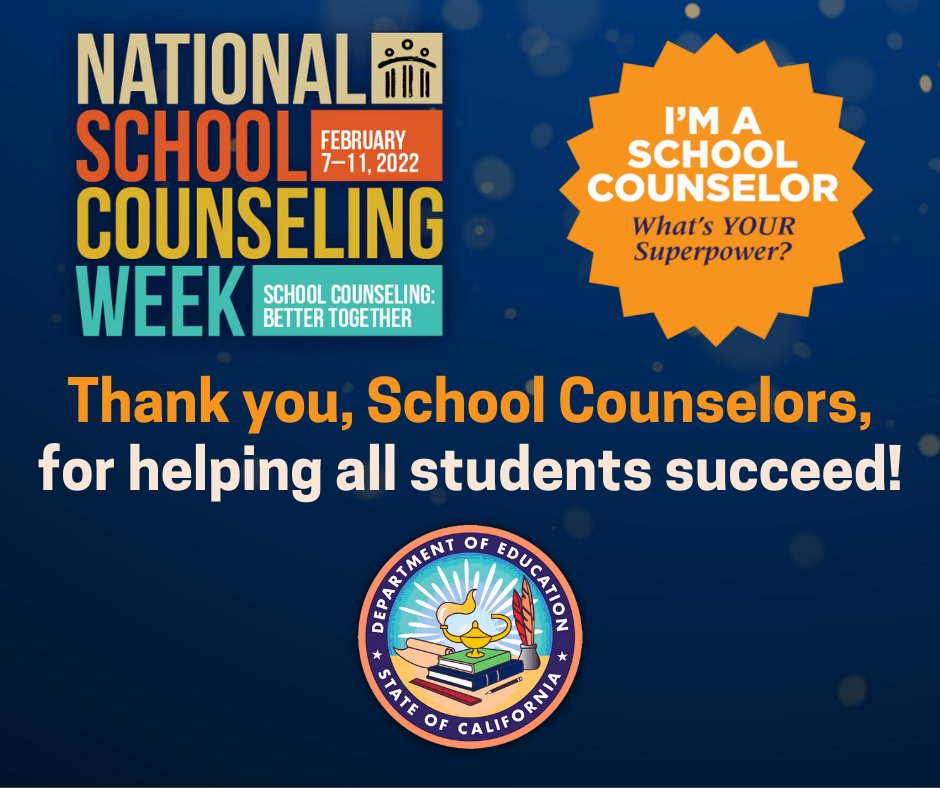 It's National School Counseling Week 2022 (#NSCW22), and we take this time to thank all CA school counselors! School counselors help meet the needs of the whole child which we know is instrumental to success in school and life. 
Read more from <a href="/ASCAtweets/">ASCA</a>: schoolcounselor.org/Events-Profess…