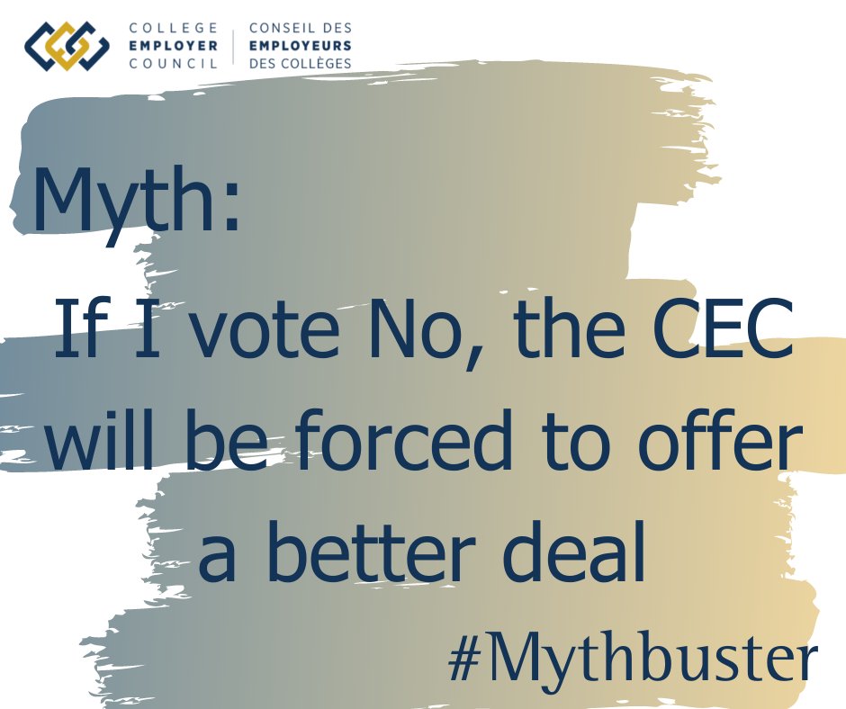 Myth: If I vote No, the CEC will be forced to offer a better deal. Fact: A vote YES will avoid a continued strike. There will be no future better offers. #mythbuster #bargaining #vote #factcheck