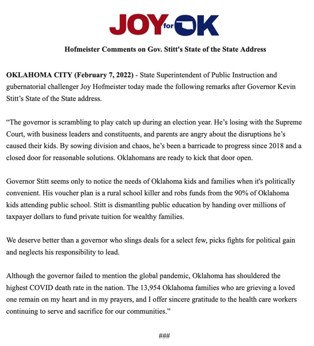 joy4ok's tweet photo. The governor has been a barricade to progress since 2018 and a closed door for reasonable solutions. Oklahomans are ready to kick that door open. Read below my full comments on Gov. Stitt's State of the State address today. https://t.co/wt559tR6t4