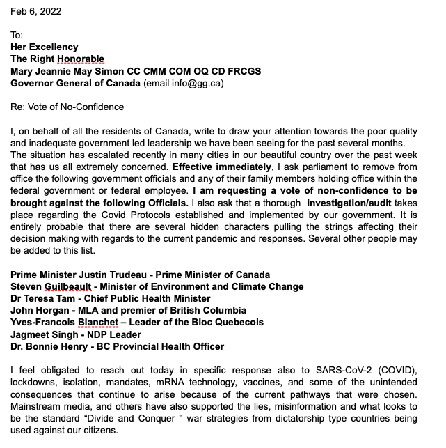 Justin_Ling's tweet photo. This absolutely crackers letter has been spreading like wildfire on the convoy Telegram channels. Supporters are apparently calling and emailing the Governor General en masse to demand...a coup. https://t.co/2yeb6OxjIz