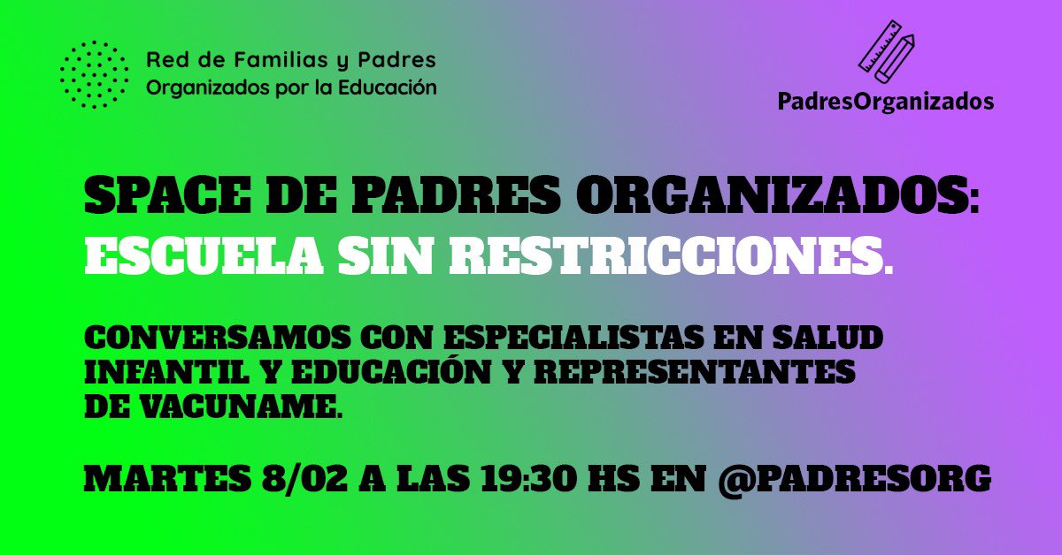 PadresOrg's tweet photo. ¿Por qué pedimos una escuela sin restricciones? 

Mañana vamos a conversar con varios especialistas. Sumate!

#EscuelaSinRestricciones https://t.co/JsNdspa2O5