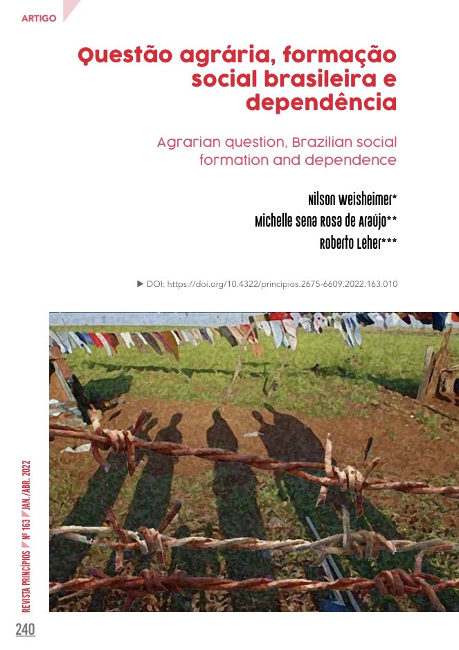 Amigos , compartilho com vocês uma singela contribuição ao debate da questão agrária que publicamos na atual edição da revista Princípios. revistaprincipios.emnuvens.com.br/principios/art…