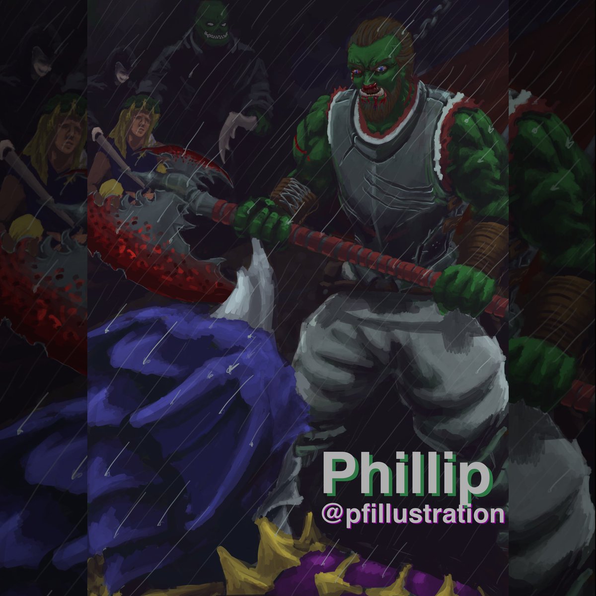 PfIllustration's tweet photo. Finished out the piece of Phillip, the half orc fighter. If you’ve played the hoard of the dragon queen you might recognise the setting. #dnd #hoardofthedragonqueen #fantasy #characterart #characterillustration #orc #fantasyart #digitalart #digitalpainting #fantasypainting https://t.co/e93ZkQ2yqS