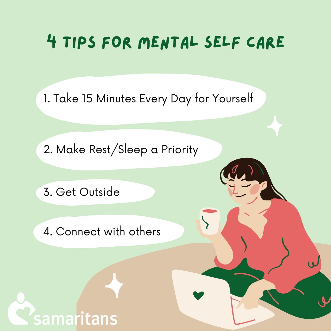 SamaritansHope's tweet photo. On this #mentalhealthmonday we're sharing tips for mental self care. It's important that you check-in with yourself and make time to rest & recharge. Need to talk? We’re here to listen. Call or text our 24/7 Helpline - 877-870-4673 (HOPE) #samaritanshope #selfcaretips https://t.co/krMCFe4vhh