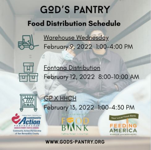 📣 #GodsPantryCA Food Distribution this week:
🗓Wed 2/9 ⏰ 1-4pm 📍Pomona Warehouse
🗓Sat 2/12 ⏰ 8-10AM 📍Fontana
🗓Sun 2/13 ⏰1-4:30PM 📍Helping Hands will be at the #Pomona warehouse⁠.📲💻Register at: gods-pantry.org. #foodsecurity  #socialdeterminantofhealth