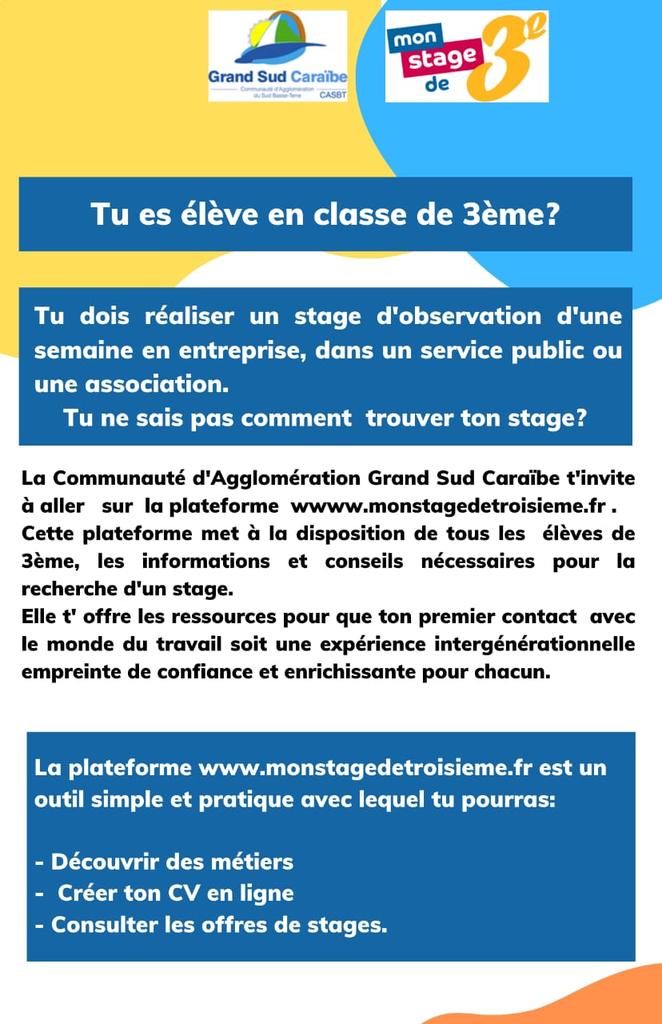Pour trouver des offres de stage pour les collegiens(iennes) de 3ème : monstagedetroisieme.fr