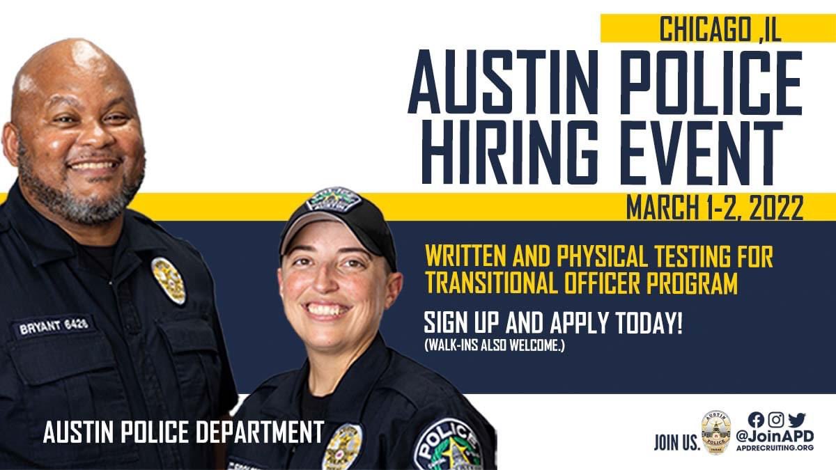 JoinAPD's tweet image. 🚨Chicago Hiring Event🚨March 1-2 for our Transitional Officer Program.
Sign up here ➡️ bit.ly/3AHv9iM 
 
Applicants must be currently employed with 3yrs LE experience.

✅ $5,000 Signing Bonus
✅ 16 Week Paid Training ($70,580 year rate)
✅ Pay at Graduation $77,900