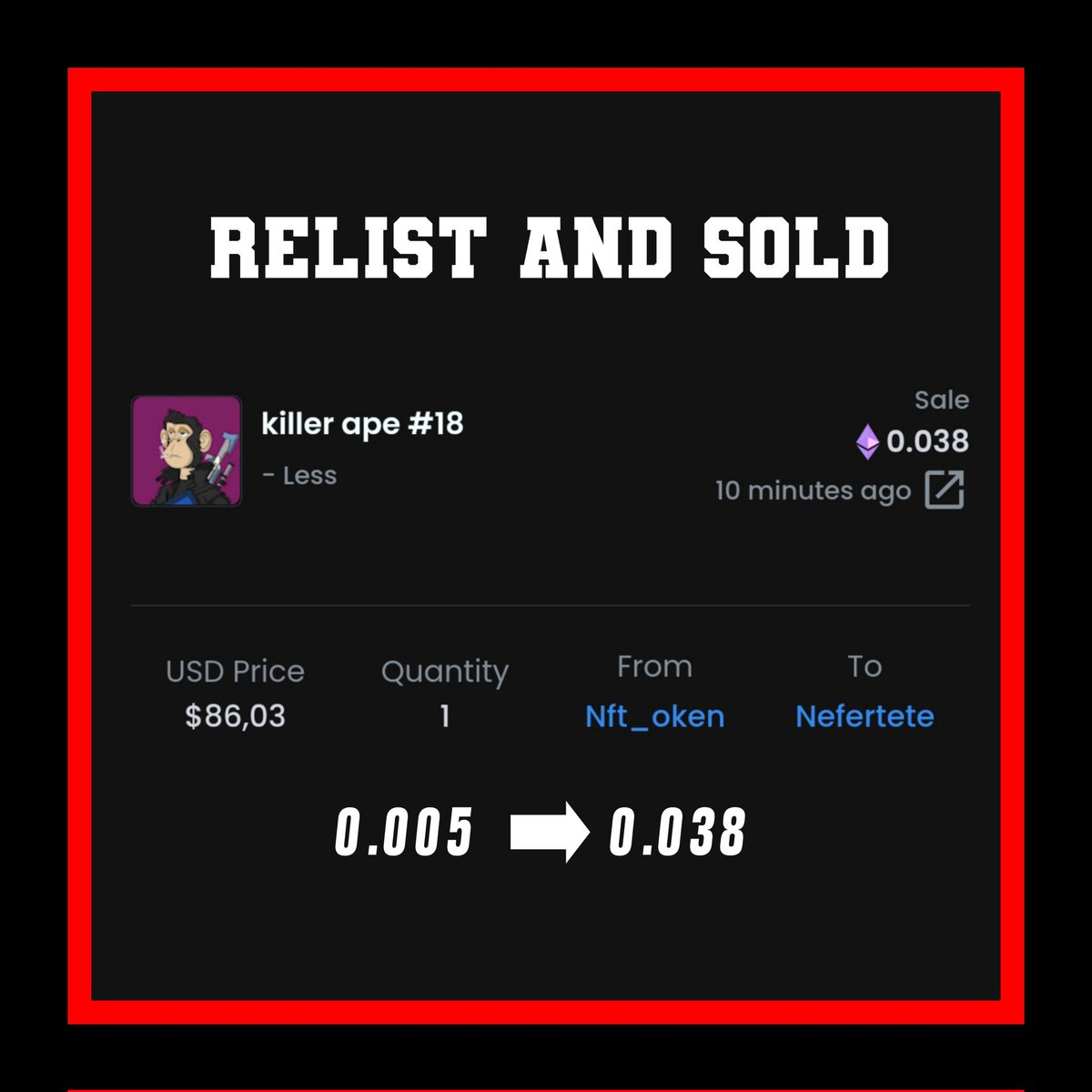 killerape_'s tweet photo. RESOLD Killer ape #18🚀🚀
From 0.005 to 0.038
Congrats For nft_oken 💥🎉🎉
.
Killer ape
Available on @opensea 🔥
⚔️No gas fee ⛽
⚔️1/1 hand drawing
➡️https://t.co/0xeIiIBiYY

#NFTs #NFTCommunity #nftcolector #NFT #NFTcollections #NFTProject #BoredApeYachtClub #Azuki #opensea https://t.co/wx3sihxNK9