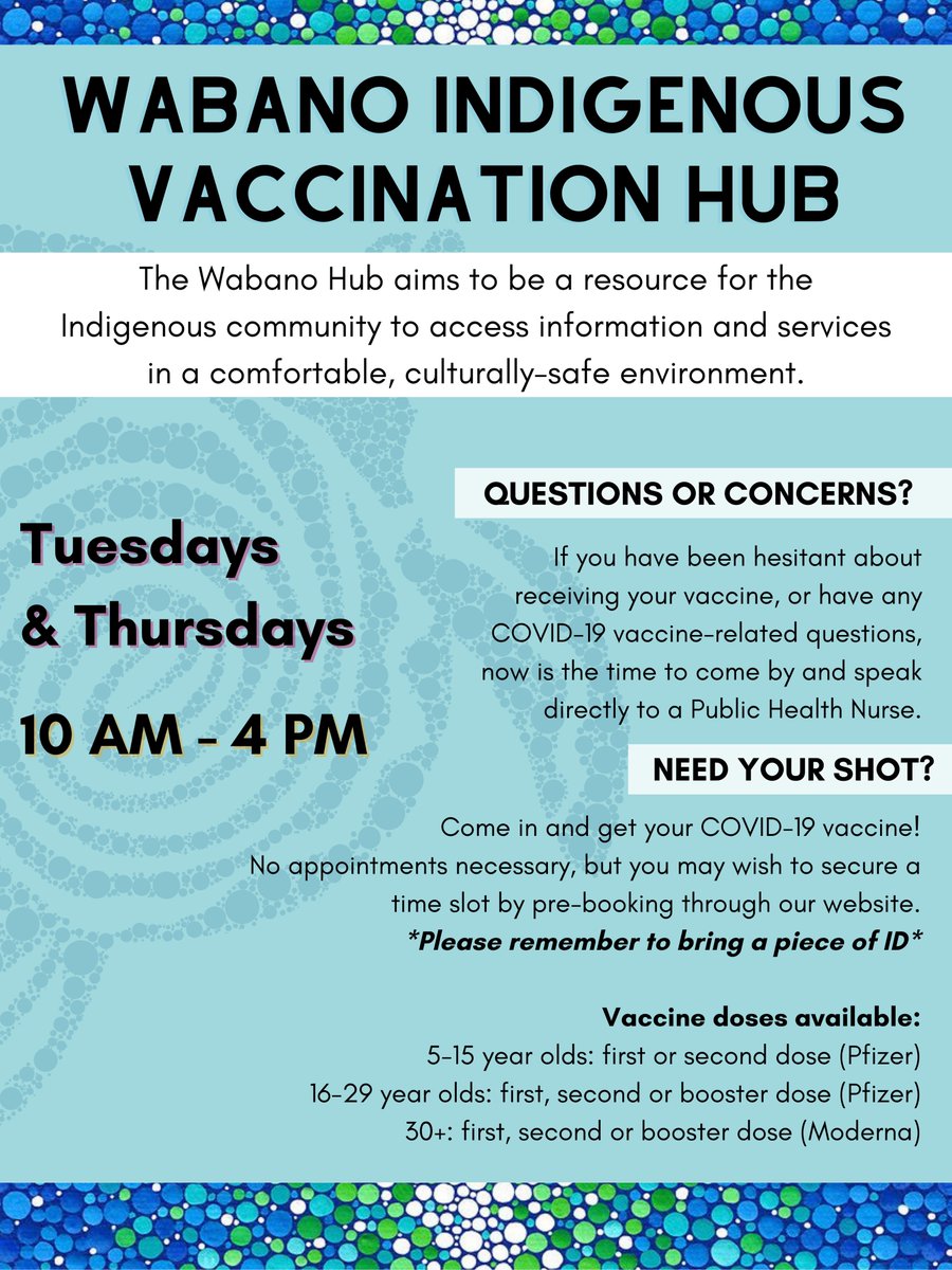 WabanoHealth's tweet photo. Our Indigenous Vaccination Hub is now open on Tuesdays &amp; Thursdays. Help alleviate any concerns by speaking directly with an @OttawaHealth Nurse, or if you're ready, you can get your vaccine on the spot! Walk-ins are accepted or you can pre-book here: https://t.co/7KvZKkrHTU 📅 https://t.co/IRybNfemQB