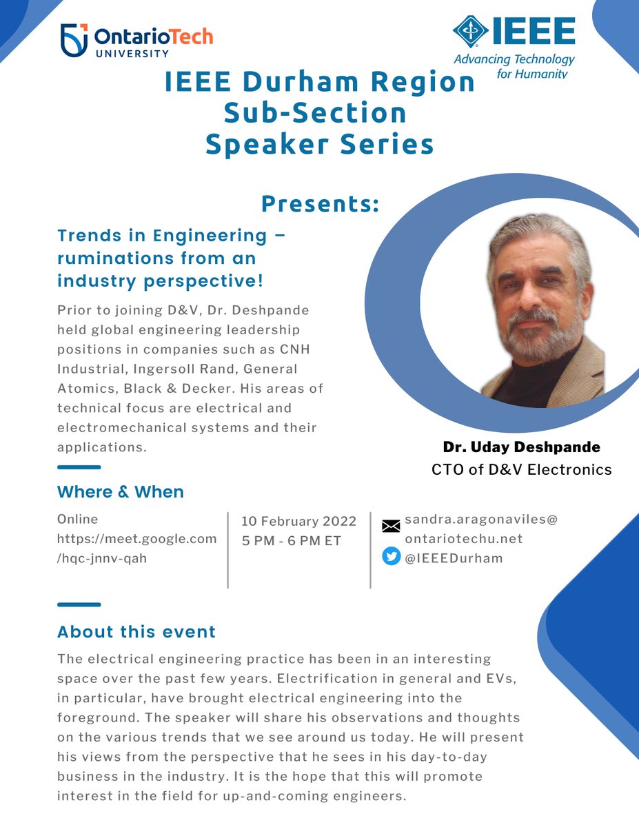IEEEDurham's tweet photo. In case you have forgotten, here is a reminder of our Inaugural Speaker Series Event of the #IEEE Durham Region Sub-Section.
Save the date: Thursday, Feb. 10 at 5 PM ET (Canada time) Please join us!
Link: https://t.co/QeqayR751a
#engineering #electrical @OT_FEAS @IEEEToronto https://t.co/lqZMXpgk8z
