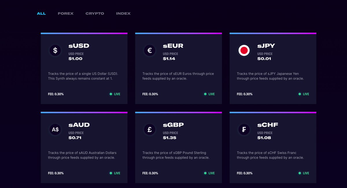 Want to trade other assets?Synthetix offers a platform for users to swap various synthetic tokens like stocks, forex, or even precious metals!They use oracles which take data off-chain and bring them on-chain to offer tokens which are pegged to real life assets... (14/107)