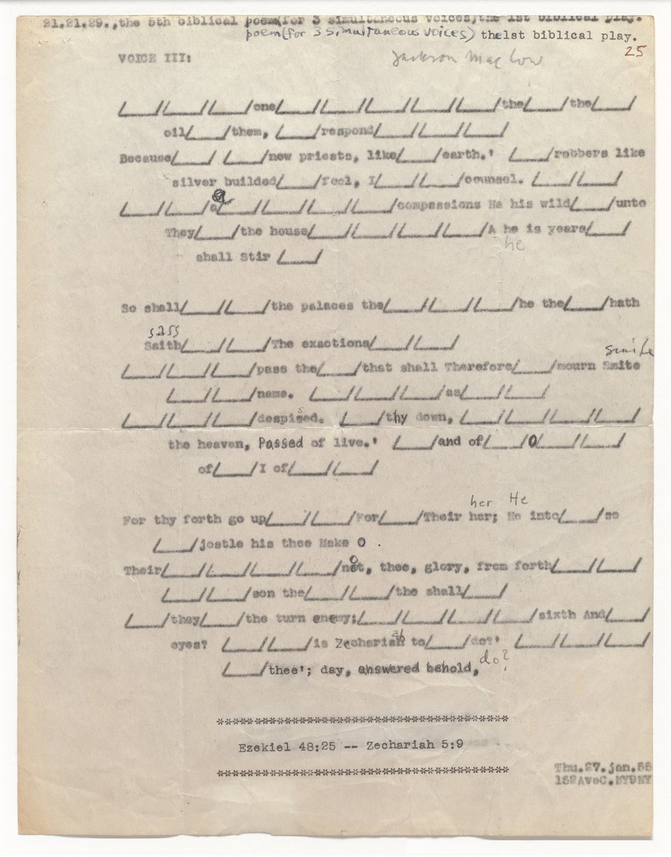 moma_drawings's tweet photo. Jackson Mac Low, 21.21.29., The 5th Biblical Poem (for 3 Simultaneous Voices) The 1st Biblical Play, 1955 https://t.co/NCLOl2gU4J #jacksonmaclow #museumofmodernart https://t.co/1G5o39bEeY