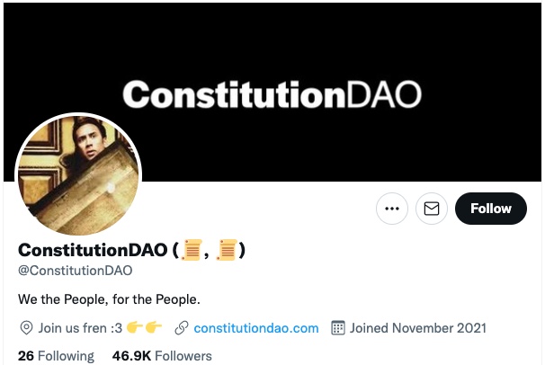 Want to team up?Constitution DAO is a group organized to raise money to bid on a copy of the United States Constitution, which was put up for auction at Sotheby’s.The group raised $47m in ETH from over 17,000 contributors but eventually lost to a bid of $43.2m. (68/107)