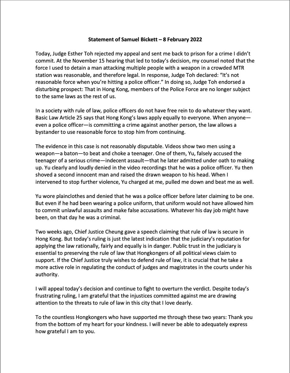 SamuelBickett's tweet photo. Today, Judge Toh sent me back to prison. Here is my public statement followed by a chart addressing Judge Toh’s problematic comments at the Nov 15 appeal hearing. https://t.co/m0mPIdszBE