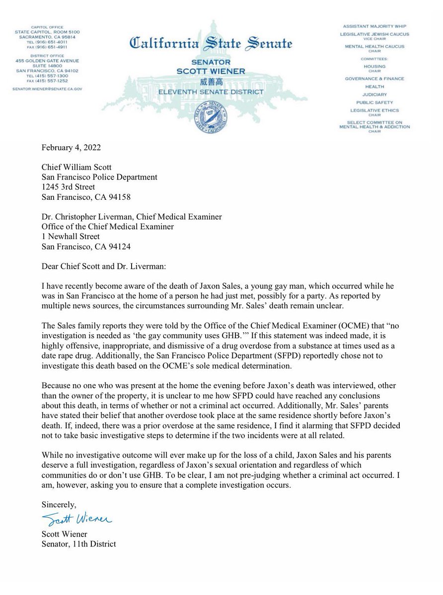SFPD says it was a drug overdose &amp; no foul play. His family says the medical examiner said the drug GHB is used widely in the gay community. The ME didn’t respond to my calls today. 

Senator Scott Wiener wrote this letter showing support for the Sales fam (2/5) #LGBTQIAforall