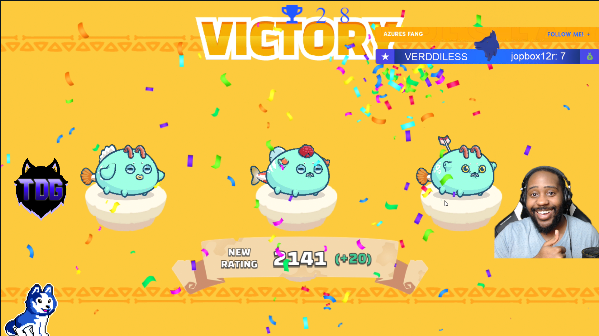 AzuresFang's tweet photo. Its been a while since I streamed. But what a stream!! 28W-12L I think its safe to say this scholar team is Top 1k ready!

TDG is recruiting the sweatiest axie players out their!
Join the next stream to find out how to join.
#AxieInfinity #AxieinfinityScholarship  #TDG #Crypto https://t.co/WmH0wVQcXI