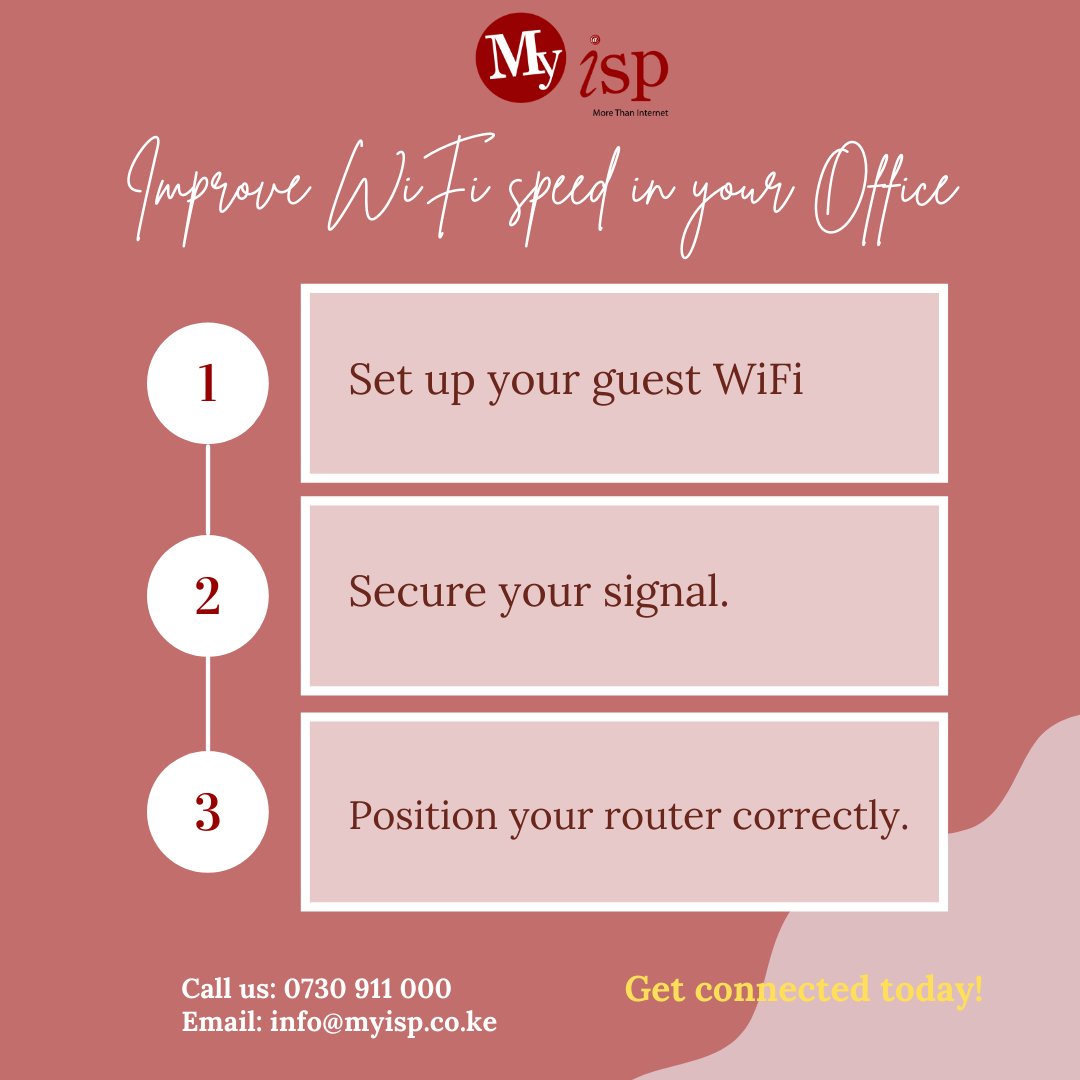 MyISPKenya's tweet photo. If you're wondering what you can do to improve WiFi speed in your office, try these steps.
Get office internet today Call us: 0730 911 000 or Email: info@myisp.co.ke.
#MyISP #Bestinternet #MoreThanInternet https://t.co/4glNFJwn3M