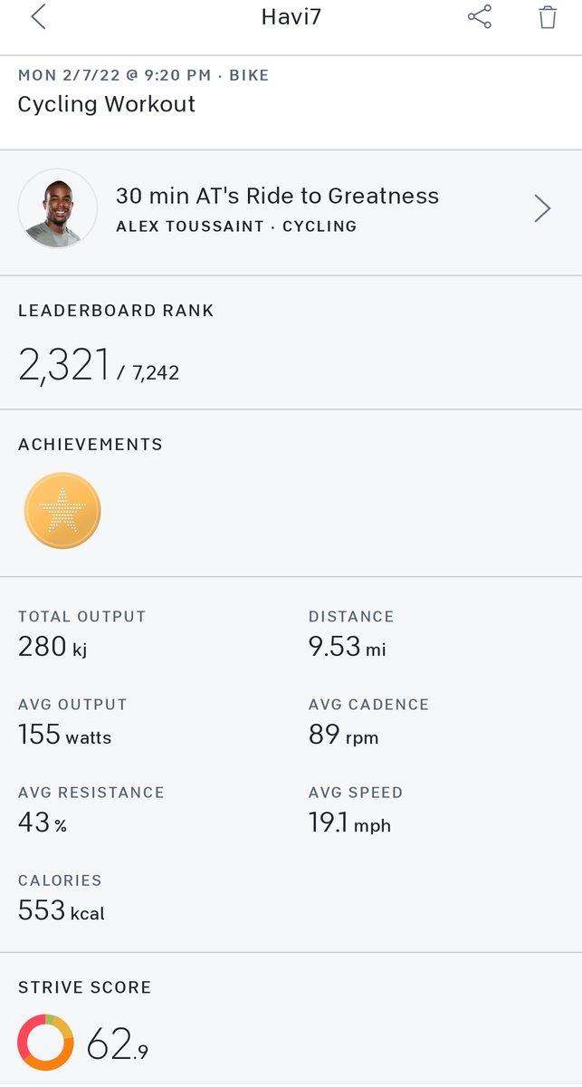 HavisHits's tweet photo. Rough day but finished it strong. Thanks for the positive motivation and encouragement @alextoussaint25, needed that today. #TeamValidate @onepeloton https://t.co/DowFbAjxAs