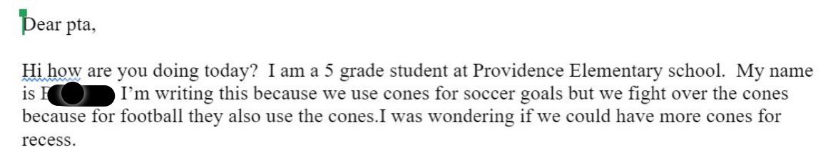 How lucky we are to have an amazing PTA! Some students chose to write their persuasive essay to the school PTA advocating for more cones at recess to prevent arguing during football and soccer. They were delighted to get a letter back with more footballs and cones! <a href="/ProvidenceES/">Providence Panthers</a>