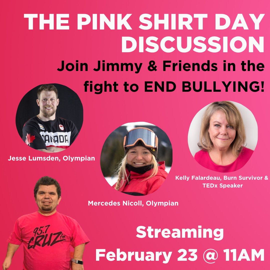 We are proud to announce our partnership with <a href="/957CRUZFM/">95.7 CRUZ FM</a> to bring you "The Pink Shirt Day" Discussion.

 Join @jpwhite957 and his friends <a href="/mercedesnicoll/">Mercedes Nicoll OLY</a> <a href="/JesseLumsden28/">Jesse Lumsden</a> @kellyfalardeau in a conversation to end bullying! Streaming live February 23rd 1PM EST 11AM MST!
