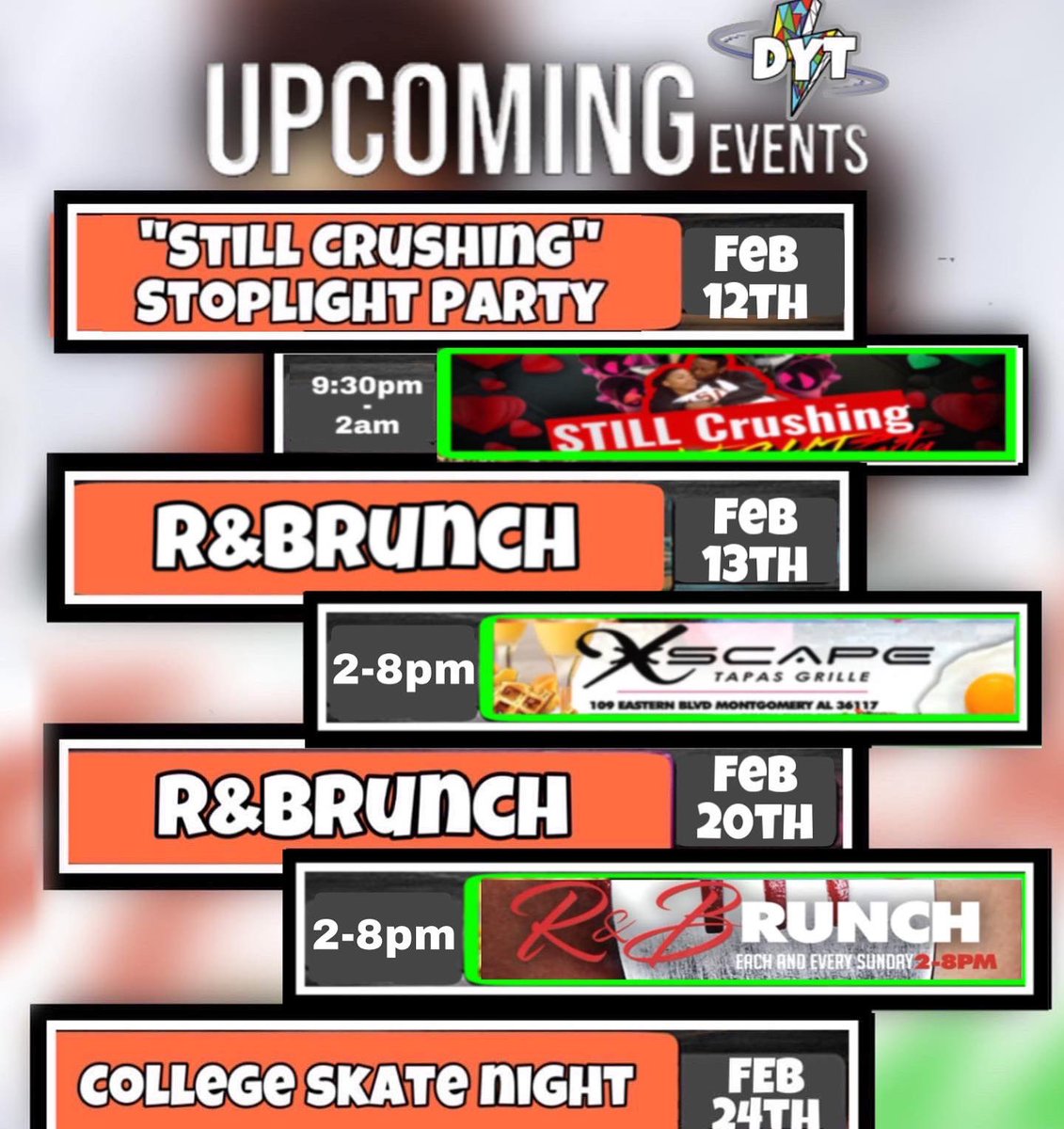 DoYaThangENT's tweet photo. 🍿This Saturday🍿

DYT Presents the “Still Crushing” Stoplight Party🚦‼️

No Dress code! Glow Sticks will be handed out! 😈🧪💕

Rules:
🟢 Single 💃🏽🕺🏽
🟡 Complicated🤫
🔴 Taken🔐

DYT⚡️x HA2🔥x The ⭕️

#myasu
#BamaState
#MyAUM
#TroyU
#skegee

🎟Link in bio

🚦‼️Let’s Turn Up‼️🚦 https://t.co/z8Q1di1FdS