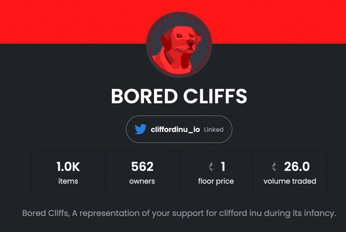 Darthcliffordd's tweet photo. Yooo #BoredCliff already hit a 1 #ETH floor price. This is so bullish, so excited to be a part of this community. LFG $Cliff!!!! #Cliffordinu #Cliffstory #BoredCliffs #BoredApeYachtClub #NFTs #NFTCollection #altcoinseason https://t.co/jcAg6TgX3L