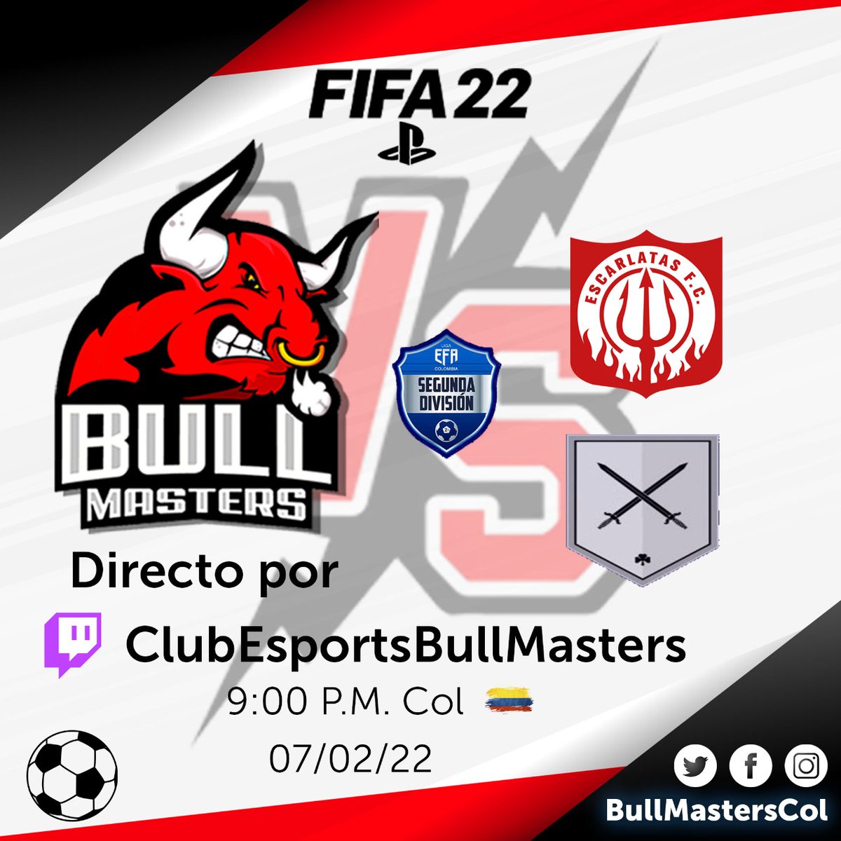 Match Day ⚽️

Te esperamos esta noche por el canal de #twitch del equipo 
twitch.tv/clubesportsbul…

🏆 <a href="/EFAColombia/">EFA Colombia</a> 
🆚️ #EscarlatasFC
🆚️ #G.O.A.T
⏰ 9:00 pm Col 🇨🇴

Patrocina <a href="/vsglatam/">Sirius by VSG 🚀</a> 
#GoBull 🐃❤🐃