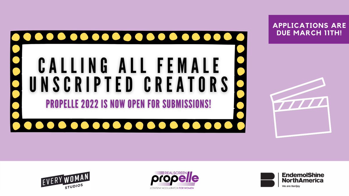 Calling all female unscripted content creators! The #Propelle2022 call for submissions is officially OPEN! Along with <a href="/realscreen/">Realscreen</a> and <a href="/EndemolShineUS/">Endemol Shine North America</a> we're thrilled to help mentor women in bringing ideas to the screen.  Applications are due 3/11. bit.ly/propelle
