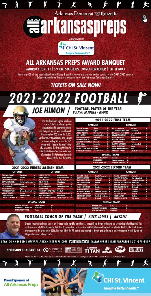 AllArkansasPrep's tweet photo. 🏈 NEW TEAM ALERT🏈 FOOTBALL
 Welcome Pulaski Academy QB Joe Himon as Player of the Year and Bryant's Buck James as Coach of the Year! Amazing season for both teams and congrats to all the athletes named to our teams. https://t.co/pJQ1Tfa5kG
