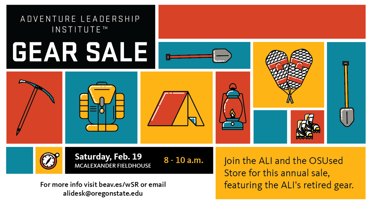 Join fellow competitors or find a bargain on retired rental gear on Saturday, Feb. 19 at 8 a.m. in the McAlexander Fieldhouse. Find out more and sign up via beav.es/JLf or at the ALI desk in Dixon.