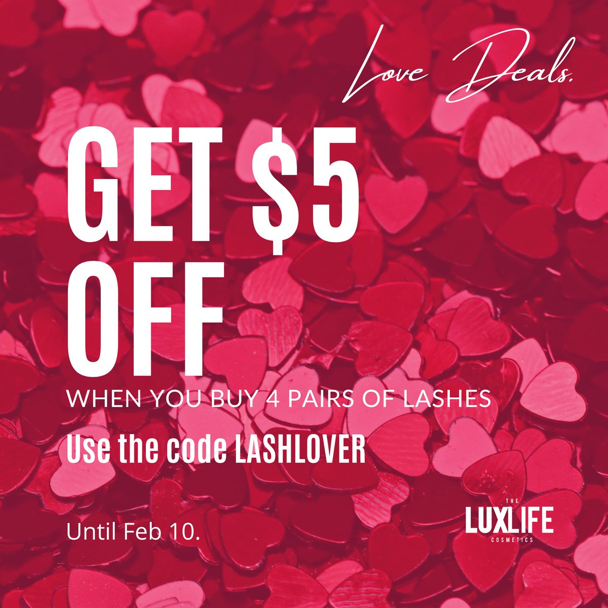 TheTrioBeauty's tweet photo. Hey Lux Babes! Check out our LOVE DEAL 💘 Get $5 Off  when you purchase 4 pairs of lashes! 

Visit https://t.co/1GKkAwP6zA to ship with us for Valentine's Day ❤🛍 https://t.co/61mvAQVhqc