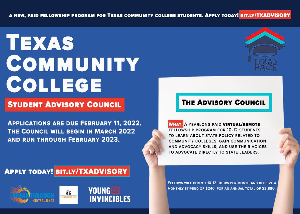 TACC_News's tweet photo. ❓: Are you a TX community college student or recent grad wanting to help advocate for stronger community college policies? 

📝Apply by 2/11 for the new TX Community College Student Advisory Council, a paid fellowship program. 

Learn more &amp; apply at➡️ https://t.co/yn0ScNyGrI ❓ https://t.co/SkgG4Tk685