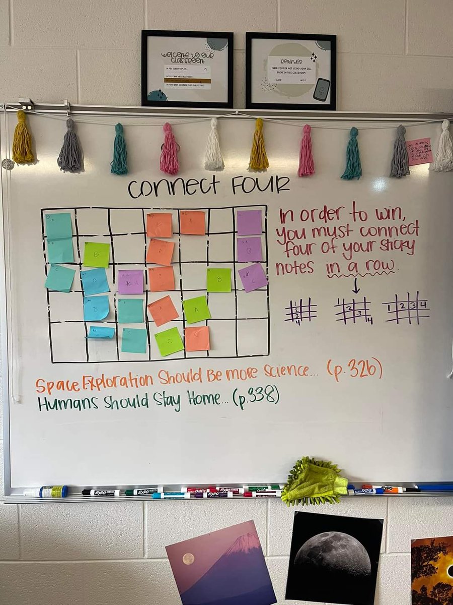 MrsLewisBCMS's tweet photo. CONNECT FOUR wanted to share a great review strategy. Each group gets a specific color sticky note. Present question to the class, groups collaborate, write answer on sticky, one member places the sticky note on the board. Correct answer stay, incorrect answers are removed https://t.co/cQ9Ht4L1e0