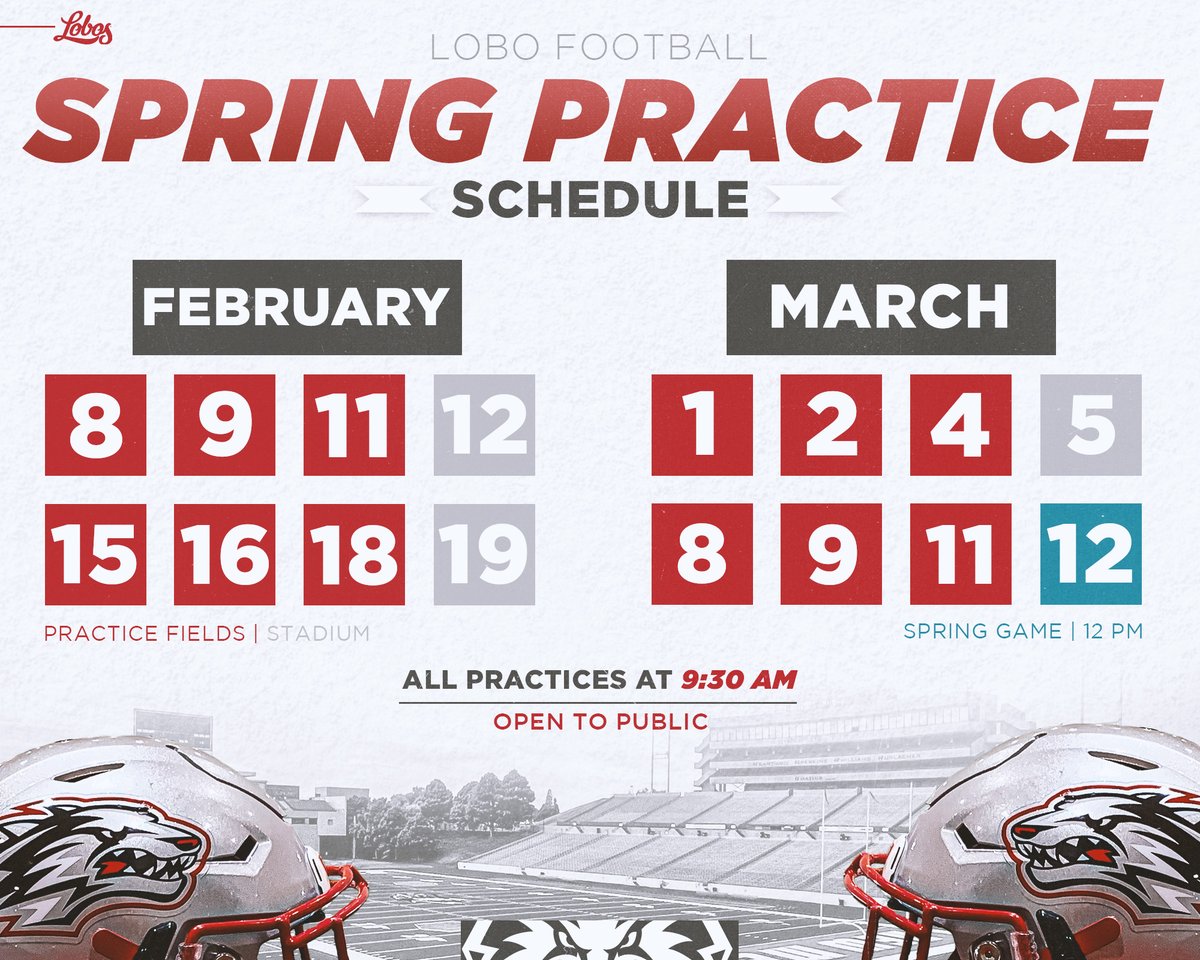 We open Spring Practice TOMORROW.

15 Practices
All Open to the Public

Spring Scrimmage on Saturday, March 12

#GoLobos | #WIN5

golobos.com/news/2022/02/0…