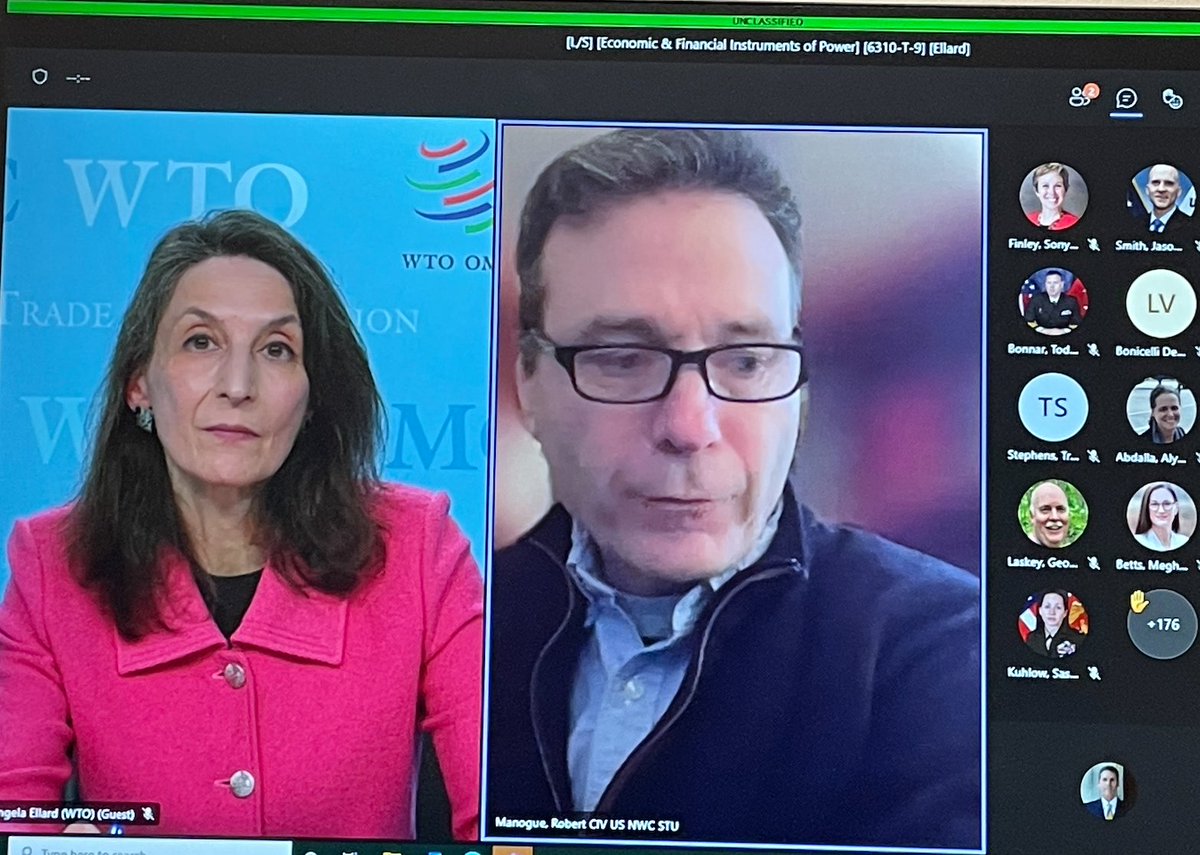 NWC_NDU's tweet photo. Economic multilateralism as an instrument of power capable of advancing US interests. @WTO DDG Angela Ellard spoke to opportunities, challenges, and choices that we face. Thanks for the insights that inform our future strategic leaders! https://t.co/EJaoAPjfP2