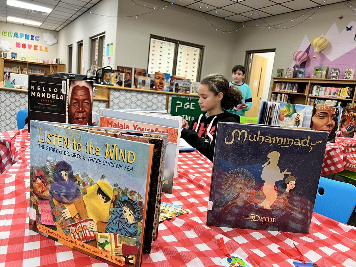 PGE5thGrade's tweet photo. @PGE_Library had some incredible selections for Multicultural Day and Black History Month. We had to check them out! @PGEcubs https://t.co/J79veehzd1