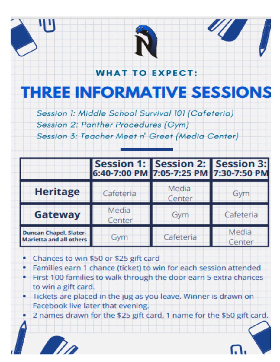 Rising 6th Grade Family Night is on Tuesday, February 15th from 6:30-8:00. We hope to see <a href="/SlaterES/">Slater Marietta ES</a> <a href="/HeritageElemSch/">Heritage Elementary</a> <a href="/DCESdolphins/">Duncan Chapel Elem</a> Gateway Elementary !