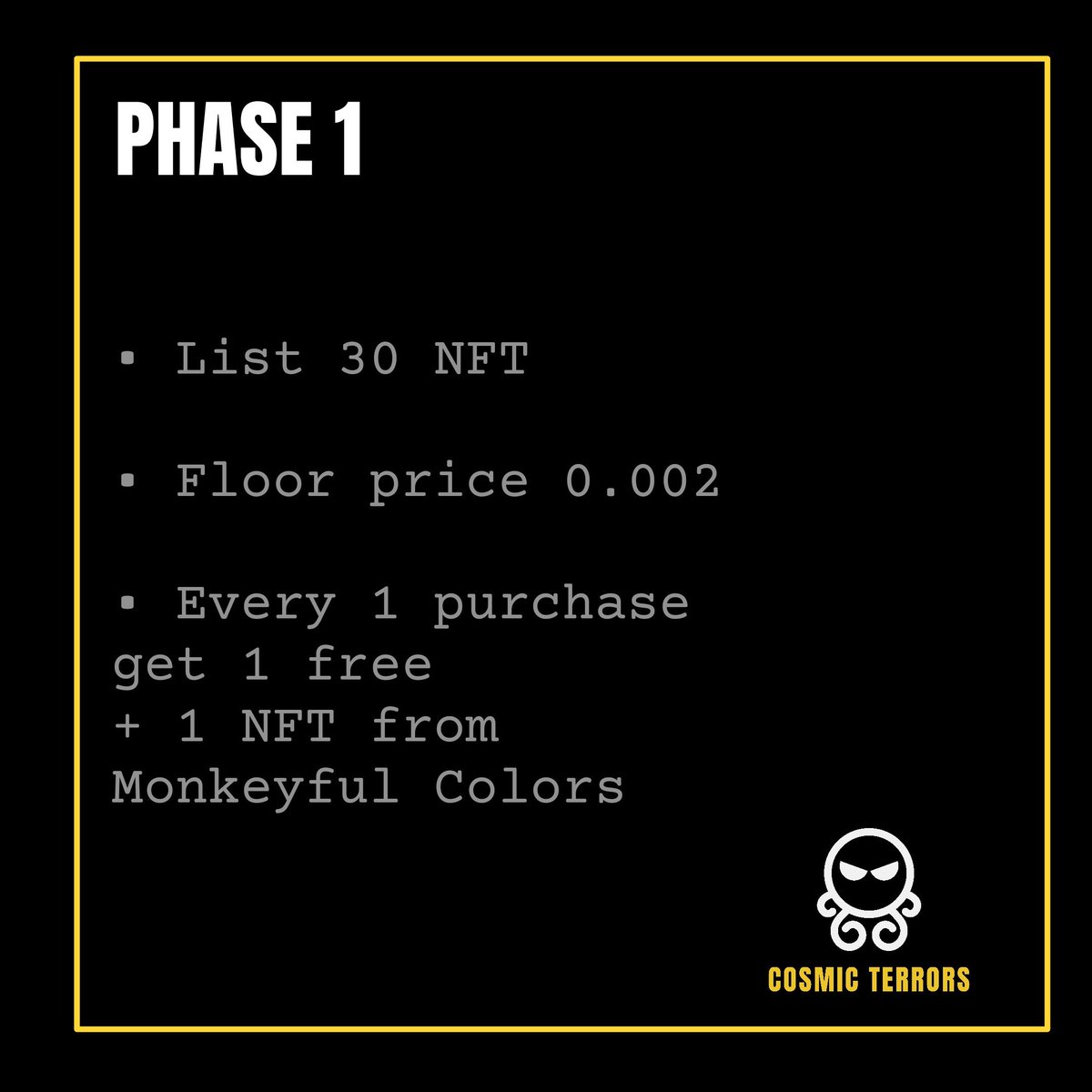 Cosmic_Terrors's tweet photo. Well, that's it.
Phase 1 is official!

0.002 ETH on Polygon means:
2 Cosmic Terrors NFT
+ 1 Monkeyful Colors NFT

We just want to grow up.. before Phase 2 😈

#NFTs #NFTCommunity #NFTGiveaway #nftcollectors #NFTProject  #Crypto https://t.co/ERo0lKJnUn