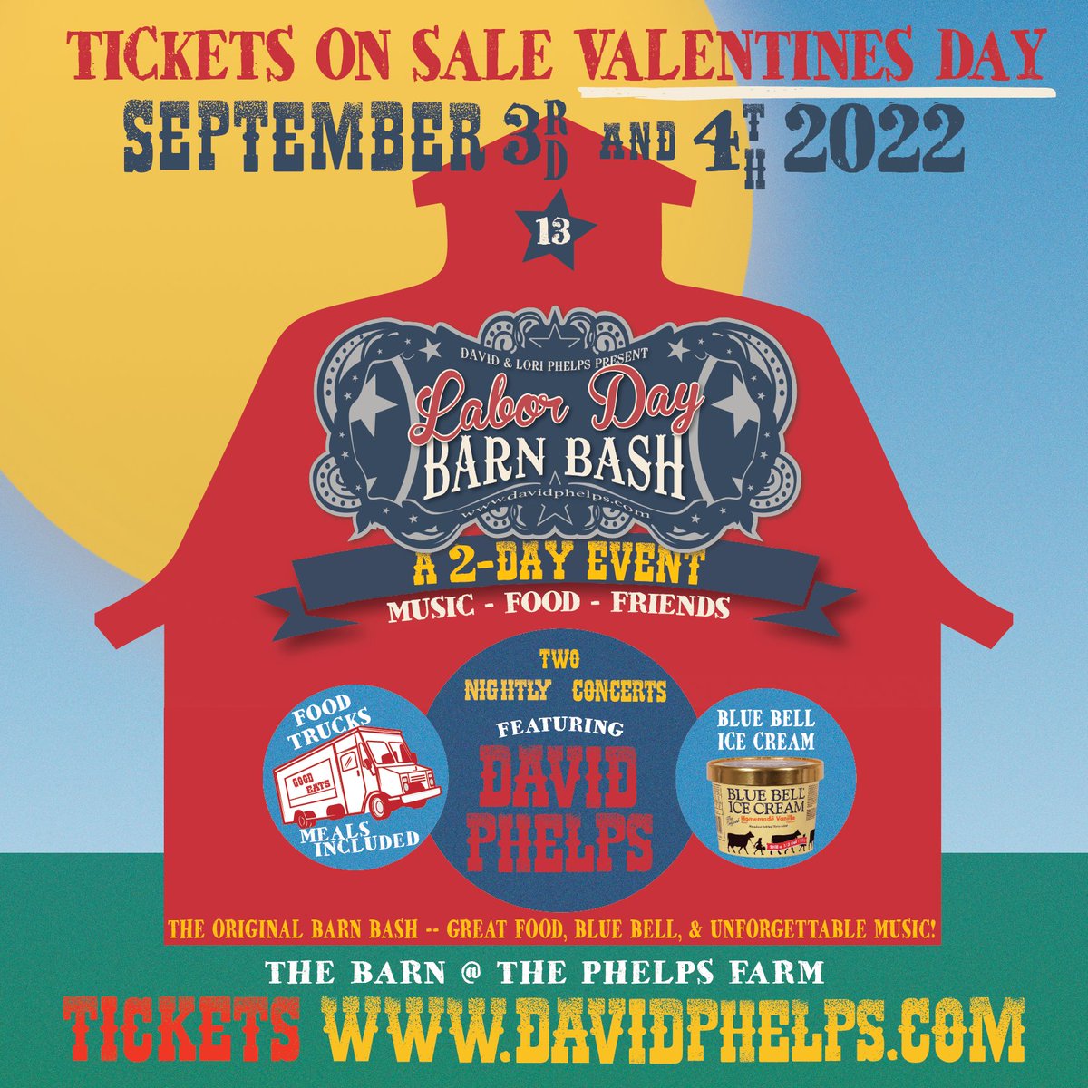 DPhelpsMusic's tweet photo. Labor Day Barn Bash 2022 tickets go on sale Valentine's Day at Noon CST (Nashville Time)!! Tickets can be purchased at https://t.co/sqOGuaDErD. 
#LaborDayBarnBash #CulleokaTN #BarnBash https://t.co/Hfa09FlGEQ