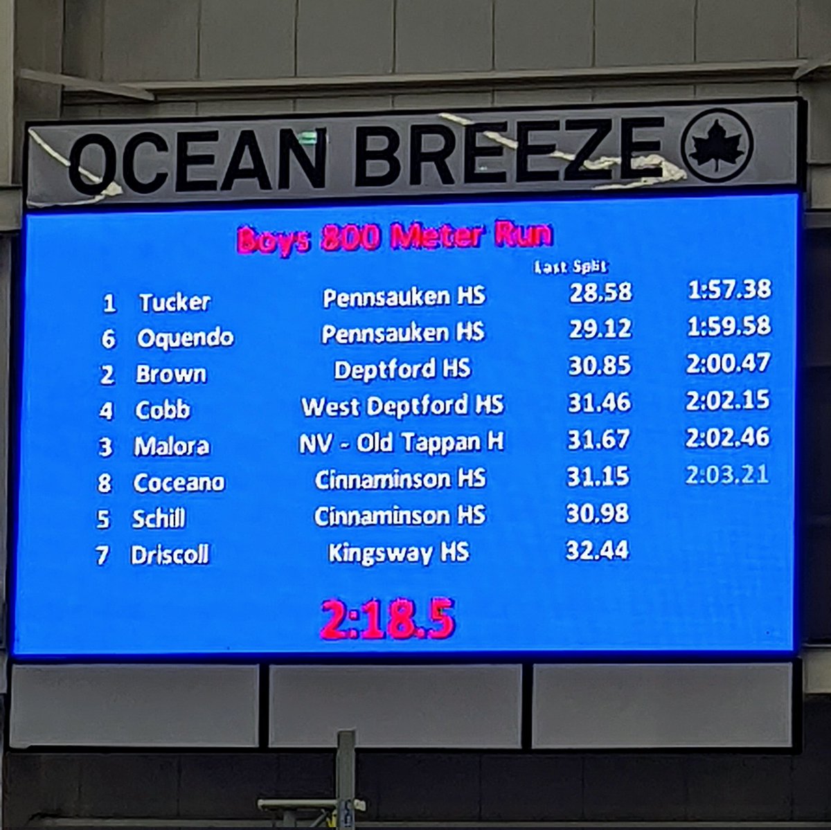 PennsaukenTFXC's tweet photo. Wow! Tucker blazes a 1:57.38, while Oquendo runs his first ever sub-2, splitting 1:59.58, to take 1st & 2nd overall. Both split sub-30 on their final lap. #FastJuniors #CodeRed @PennsaukenAD @PennsaukenFB https://t.co/uPHdIzuDh5