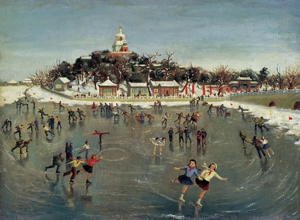 tongbingxue's tweet photo. ￼
Skating in the Beihai Park ，Beijing, 1950s. 
Oil on painting, by Xiao Shufang. https://t.co/zZONKAoQu4
