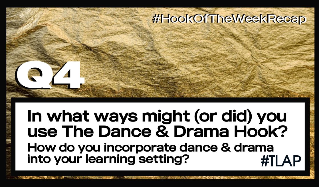 TaraMartinEDU's tweet image. Q4 In what ways might (or did) you use The Dance &amp;amp; Drama Hook?

How do you incorporate dance and drama into your learning setting?

#tlap 
#HookOfTheWeek recap