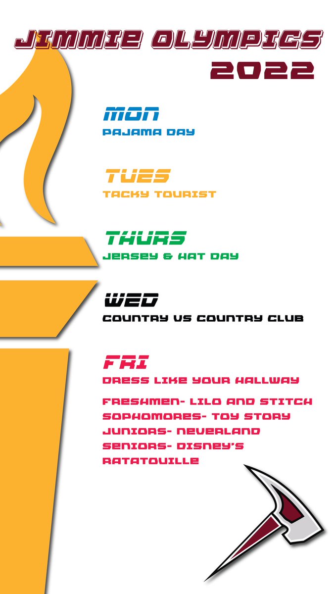 JimtownStudents's tweet photo. HAPPENING NEXT WEEK! 
Jimmie Olympics 2022
Get involved with dress up days and with activities throughout the week! Points will be added throughout the week for dressing up, activities, attendance, and hallway decorating! Hallway decorating night will be next Wednesday the 16th! https://t.co/taGCdjVNH3