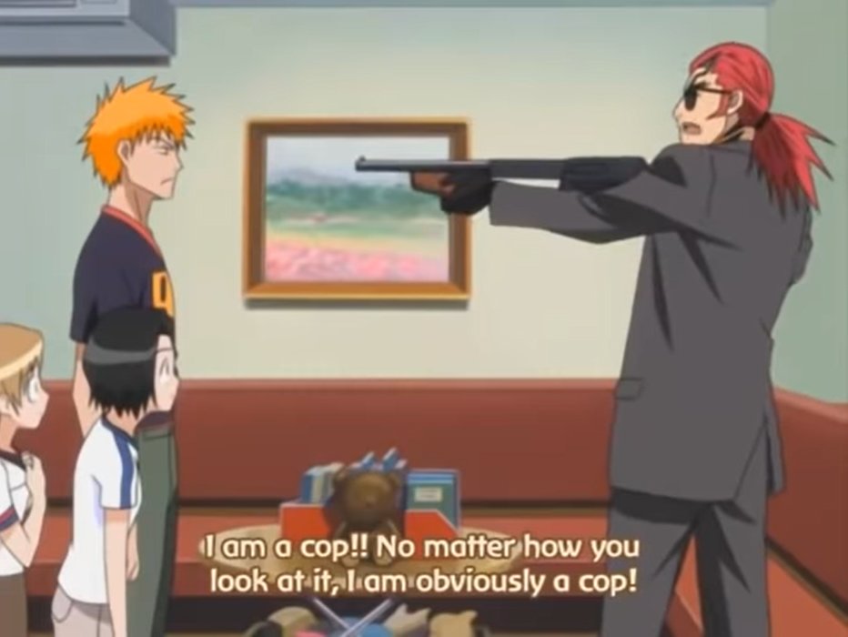 shittyanimedets's tweet photo. In this scene from Bleach (2004), Renji's disguise and mannerisms were actually perfect for an American cop but forgot Ichigo lives in Japan. https://t.co/xWvfoDo4Ac