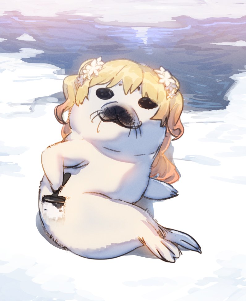 momosuzu nene seal (animal) blonde hair no humans animalization hair flower flower two side up  illustration images